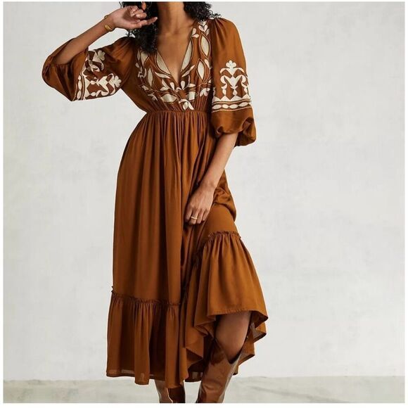 Anthropologie Dresses & Skirts - Anthropologie Let Me Be Women’s Bronze Embroidered Open-Back Maxi Dress